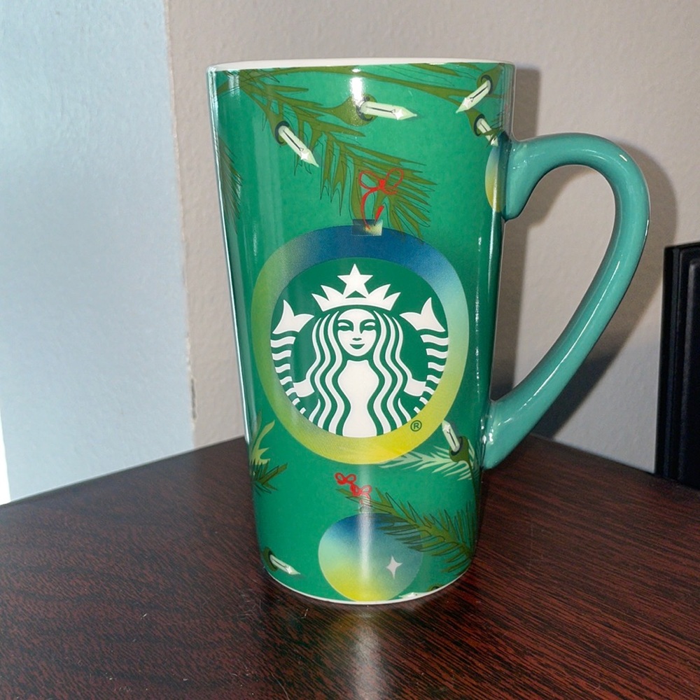 Starbucks 2020 tall ceramic Christmas mug cup 16 oz. Ornaments lights green blue